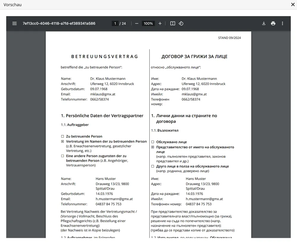 Mehrsprachige WKO Vorlagen für die Organisation von Personenbetreuung